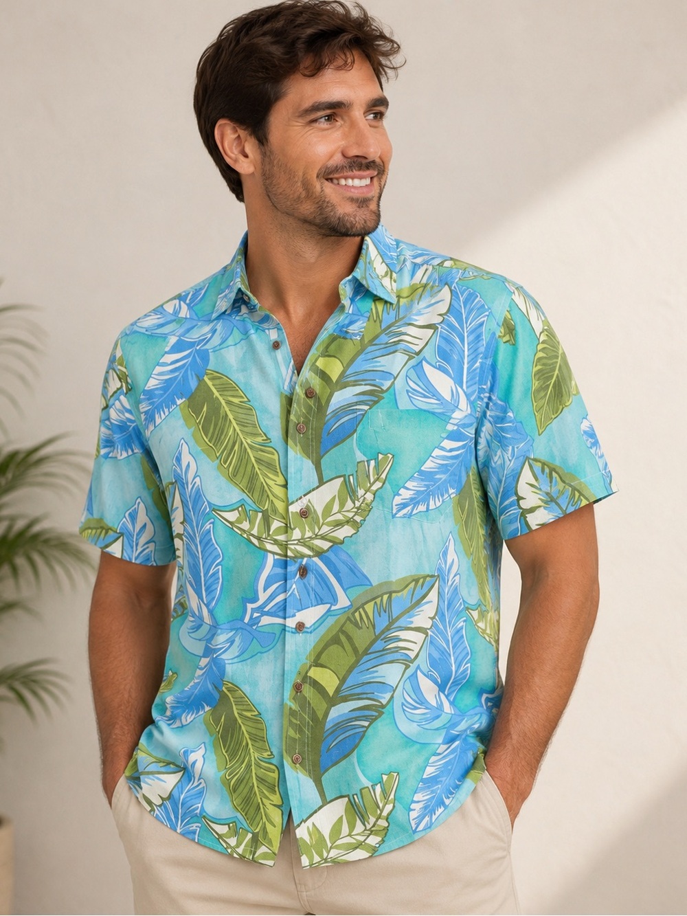Montego Mon Silk Hawaiian Shirt - Aqua & Blue Leaf Print